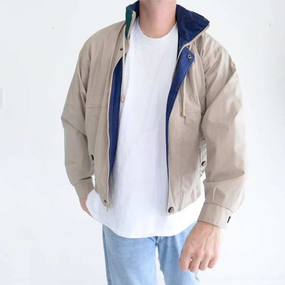 Vintage Munsingwear Tan & Navy Zip Up with Hidden Hood Utility Jacket Size Small - Picture 1 of 11